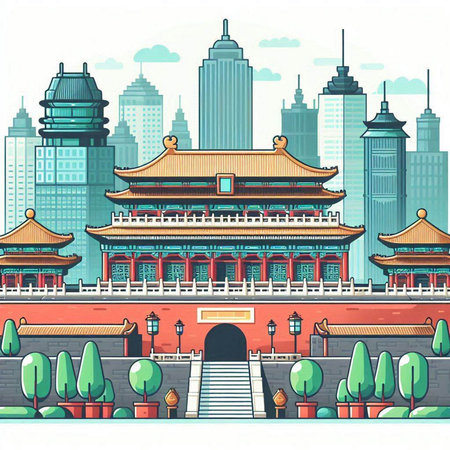 Beijing China cityscape with famous buildings. Vector illustration in flat style.のイラスト素材