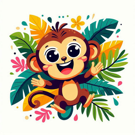 Cute cartoon monkey with tropical leaves and flowers. Vector illustration.のイラスト素材