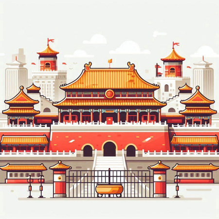 Old Chinese temple in Shanghai, China. Vector illustration in flat styleのイラスト素材