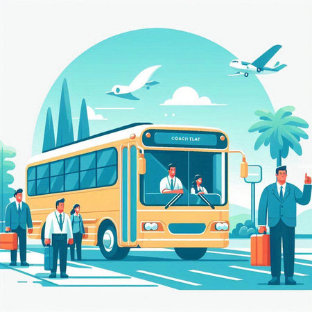 Bus and passengers on the road. Vector illustration in flat style.のイラスト素材