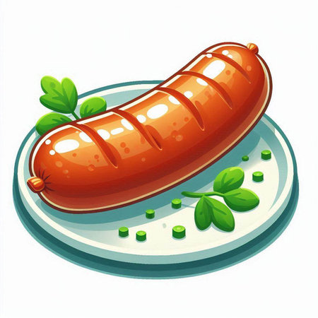 Sausage on a plate with green leaves. Vector illustration.のイラスト素材