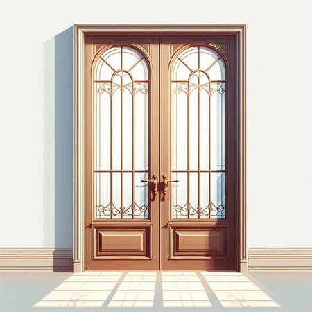 Wooden door in an empty room. 3D render illustration.のイラスト素材