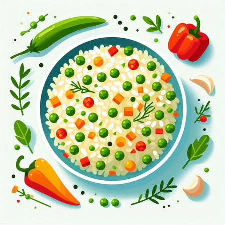 Rice with vegetables and herbs. Vector illustration. Healthy food.のイラスト素材