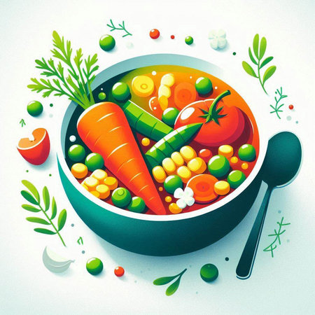 Vegetable soup in a bowl with spoon, vector illustration.のイラスト素材