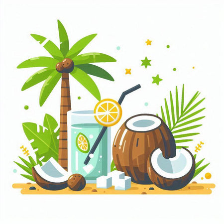 Coconut drink on the beach. Vector illustration in flat styleのイラスト素材