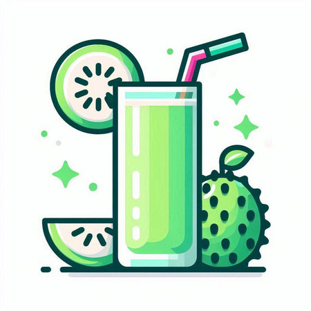 Green smoothie in a glass with a straw and a slice of fruit. Vector illustration.のイラスト素材