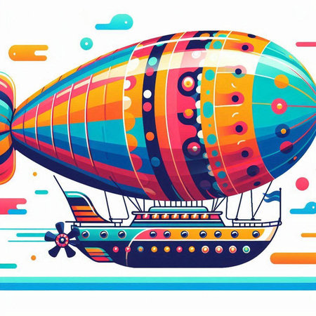 Vector illustration of an airship in the sky with colorful elements.のイラスト素材