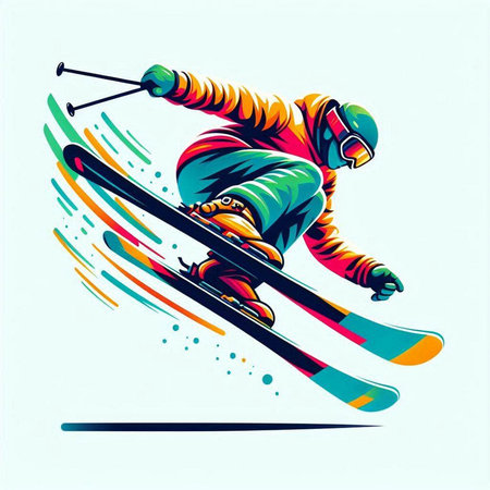 Skiing man with snowboard, winter sport vector illustration.のイラスト素材