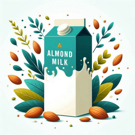 Milk carton with almond milk and leaves. Vector illustration.のイラスト素材