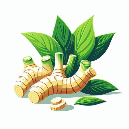 Ginger root with green leaves isolated on white background. Vector illustration.のイラスト素材