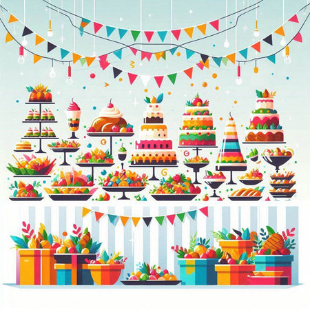 Vector illustration of a sweet buffet with fruit, cakes and other dessertsのイラスト素材