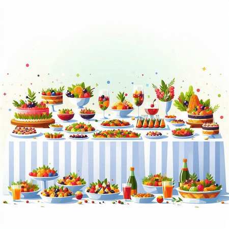 Illustration of a table full of fruit and wine on a white backgroundのイラスト素材
