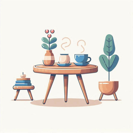 Coffee table with coffee cups and plants. Vector illustration.のイラスト素材