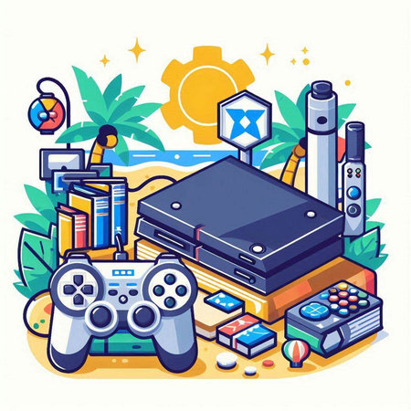 Game console, hard drive, video game controller and other equipment. Vector illustrationのイラスト素材