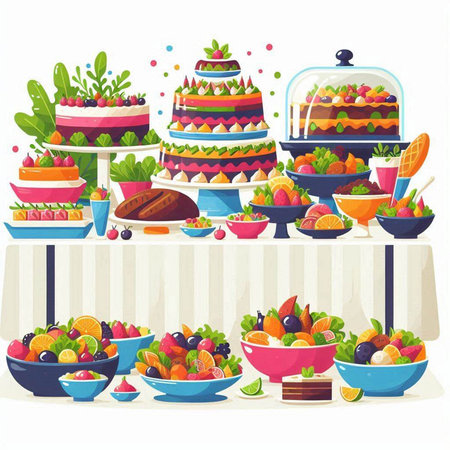 Catering buffet with fruit and cakes. Vector illustration in flat styleのイラスト素材