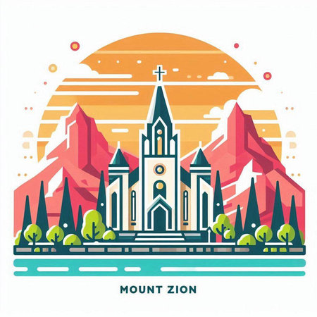 Mountain landscape with church. Vector illustration in flat linear style.のイラスト素材
