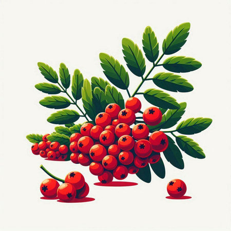 Bunch of rowan berries with green leaves. Vector illustration.のイラスト素材