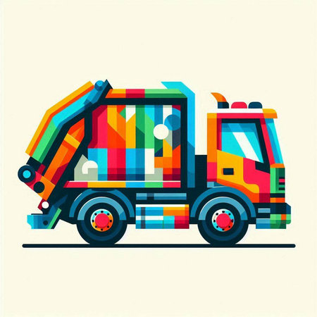 Vector illustration of a multicolored garbage truck. Flat style.のイラスト素材