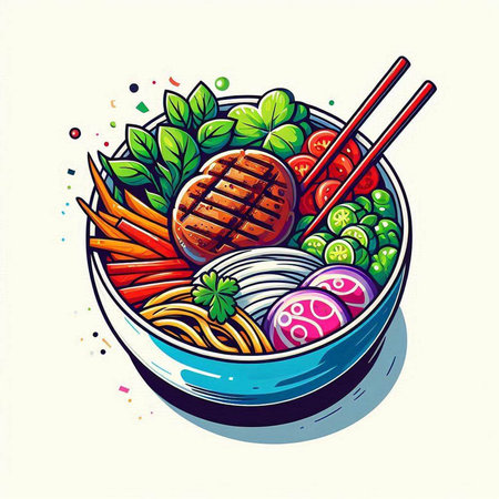 Illustration of a bowl of ramen noodles with vegetables and meatのイラスト素材