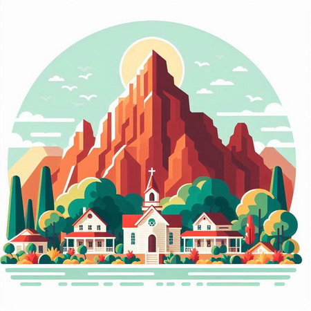 Landscape with church and mountains. Vector illustration in flat style.のイラスト素材
