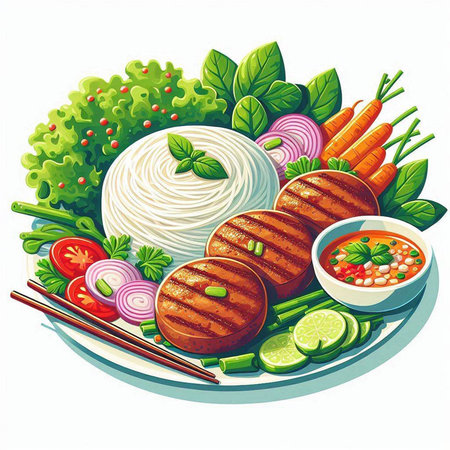 Grilled steaks with vegetables on a plate. Vector illustration.のイラスト素材