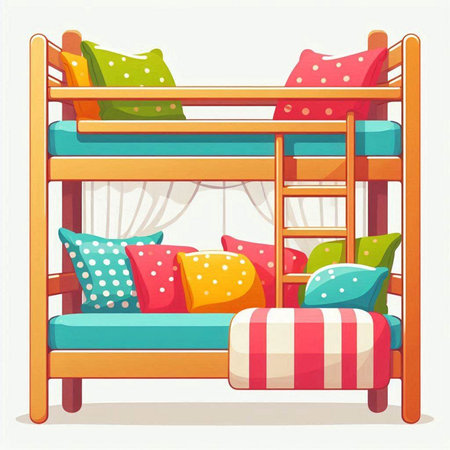 Bunk bed with colorful pillows. Vector illustration in cartoon style.のイラスト素材