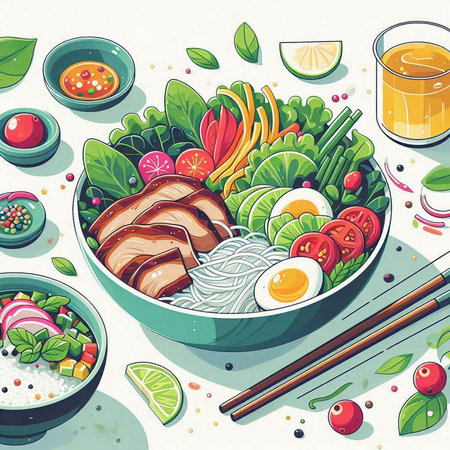 Bowl of noodle soup with salmon, vegetables and eggs. Vector illustration.のイラスト素材