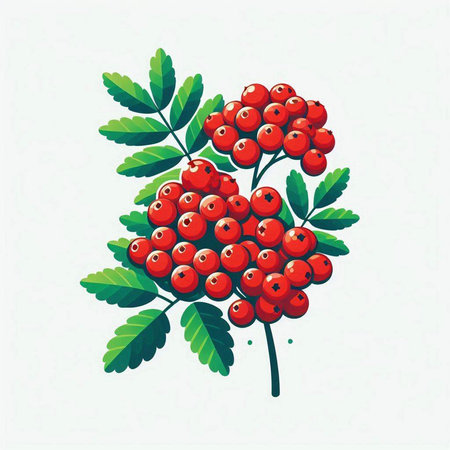 Bunch of red rowan berries with green leaves on white backgroundのイラスト素材