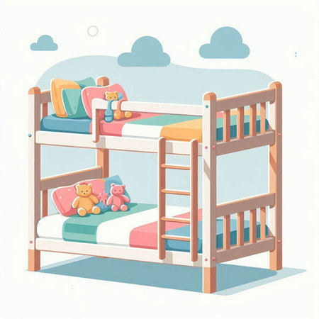 Bunk bed with toys. Vector illustration in a flat style.のイラスト素材