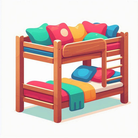 Wooden bunk bed with colorful pillows. Vector illustration isolated on white background.のイラスト素材