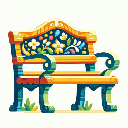 Vector illustration of a bench with floral ornament. Isolated on white background.のイラスト素材