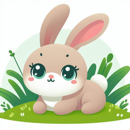Cute little bunny sitting on the grass. Vector cartoon illustration.のイラスト素材