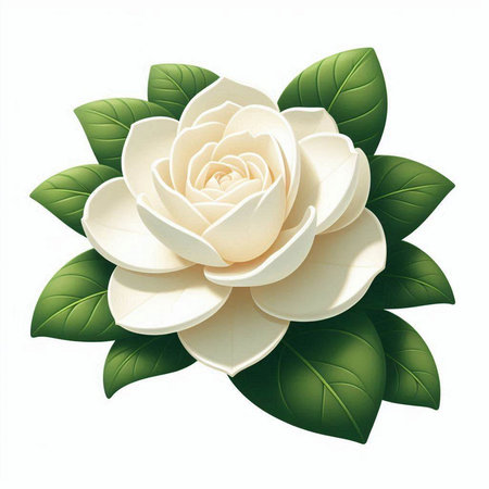 White camellia flower with green leaves isolated on white background.のイラスト素材