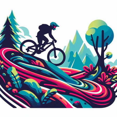 Cyclist in the forest. Colorful vector illustration for your designのイラスト素材
