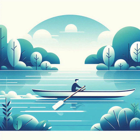 Vector illustration of a man rowing a boat in a lake.のイラスト素材