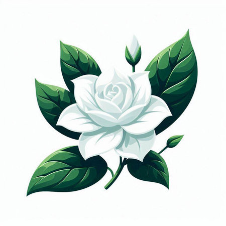 Illustration of a white jasmine with leaves on a white backgroundのイラスト素材