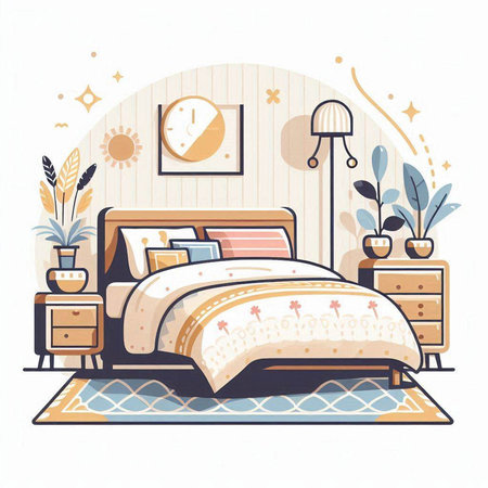 Vector illustration of cozy bedroom interior with bed, lamp and plants.のイラスト素材