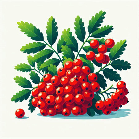 Bunch of red rowan berries with green leaves. Vector illustration.のイラスト素材