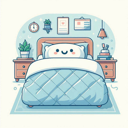 Vector illustration of a cute cartoon bed with a pillow in a roomのイラスト素材