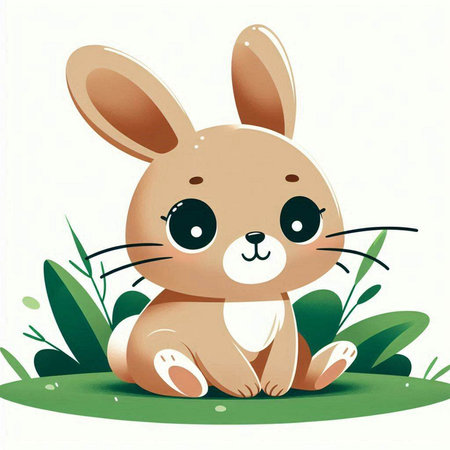 Cute cartoon rabbit sitting in the grass. Vector illustration on white background.のイラスト素材