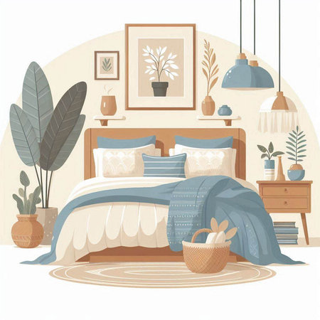 Vector illustration of bedroom interior design with bed, pillows, potted plants, lamp, coffee table.のイラスト素材