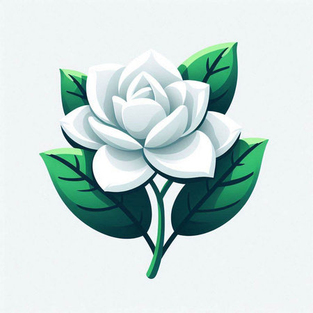 Illustration of a white flower with green leaves on a white backgroundのイラスト素材