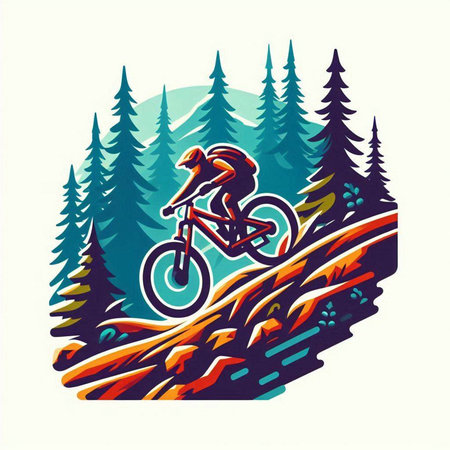 Mountain biker in forest, vector illustration, eps10のイラスト素材