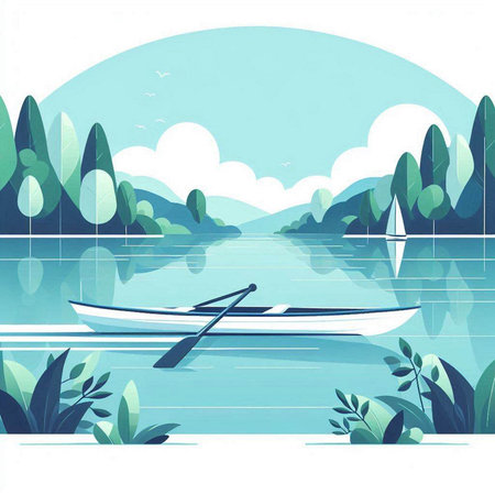 Beautiful summer landscape with a boat on the lake. Vector illustration.のイラスト素材