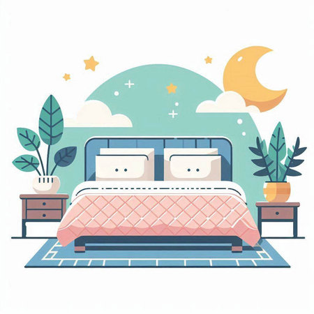 Vector illustration of bedroom interior with bed, nightstand, plant, moon and starsのイラスト素材