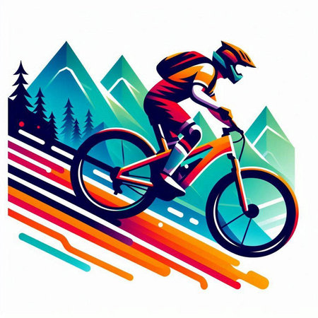 Mountain biker on the background of mountains and forests. Vector illustration.のイラスト素材