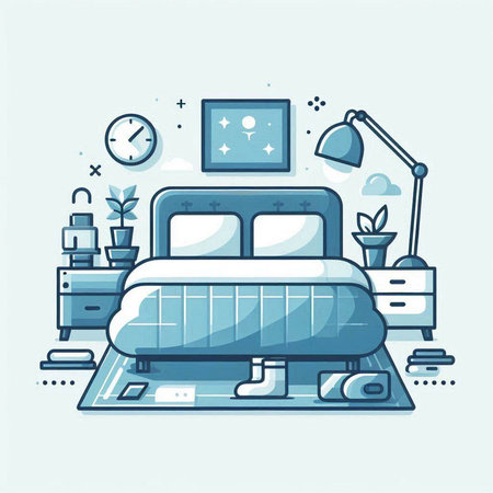 Vector illustration of bedroom with furniture, bed, lamp and clock. Line art style design for web, site, advertising, banner, poster, board and print.のイラスト素材