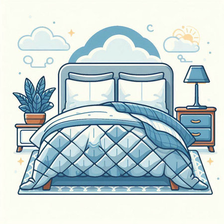 Vector illustration of a bed with pillows and a pillow in the roomのイラスト素材