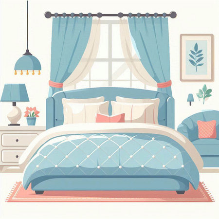 Vector illustration of a bedroom with a double bed and blue curtains.のイラスト素材