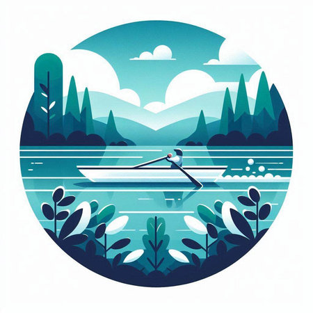 Silhouette of a rowing boat on the lake. Vector illustration.のイラスト素材